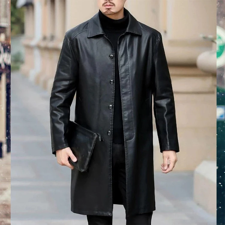 Winter Casual Thick Fleece Parkas Warm Faux Long Leather Jacket Men Leather Trench Coat