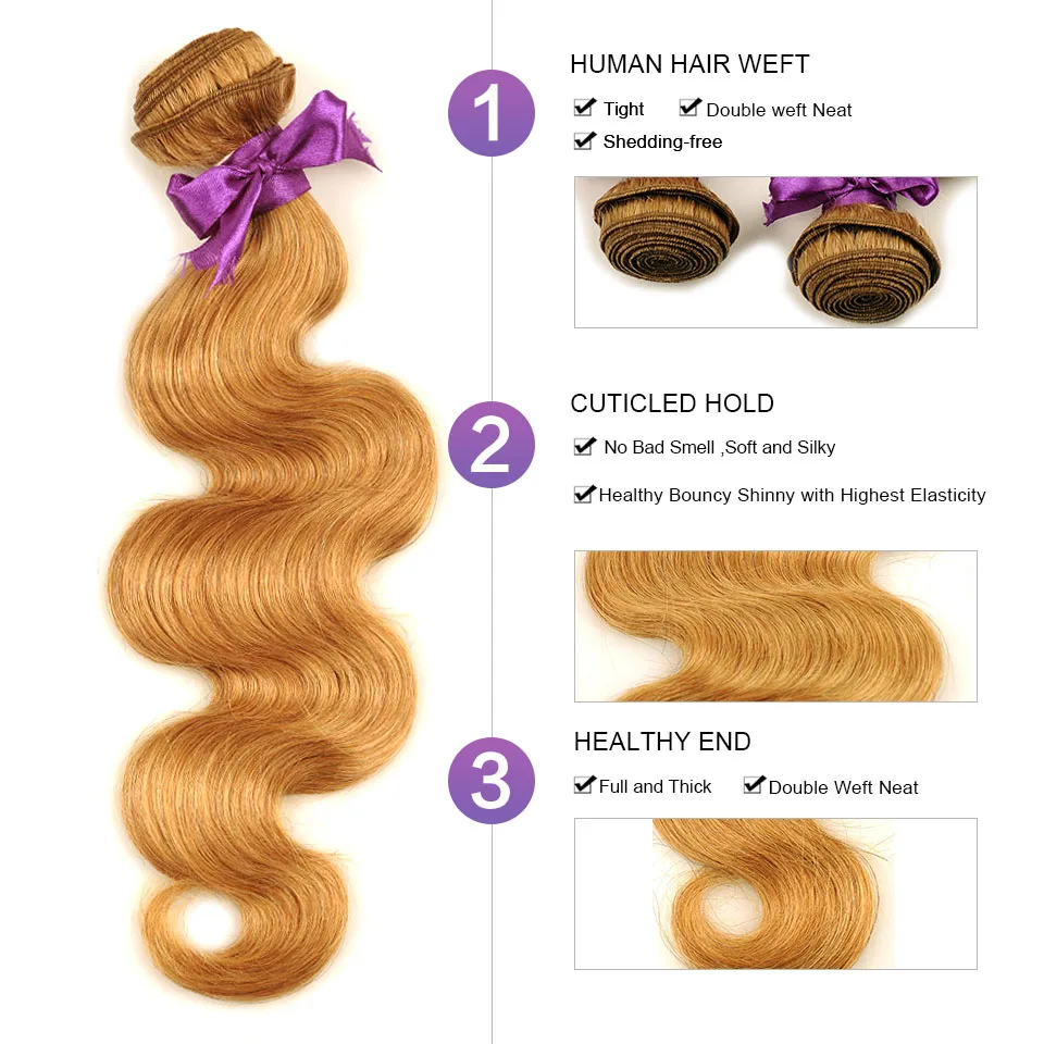 Factory Price Color 27 Honey Blonde Brazilian  Hair weave bundles, 100% Human Hair Bundles 10-26 inch remy hair weft