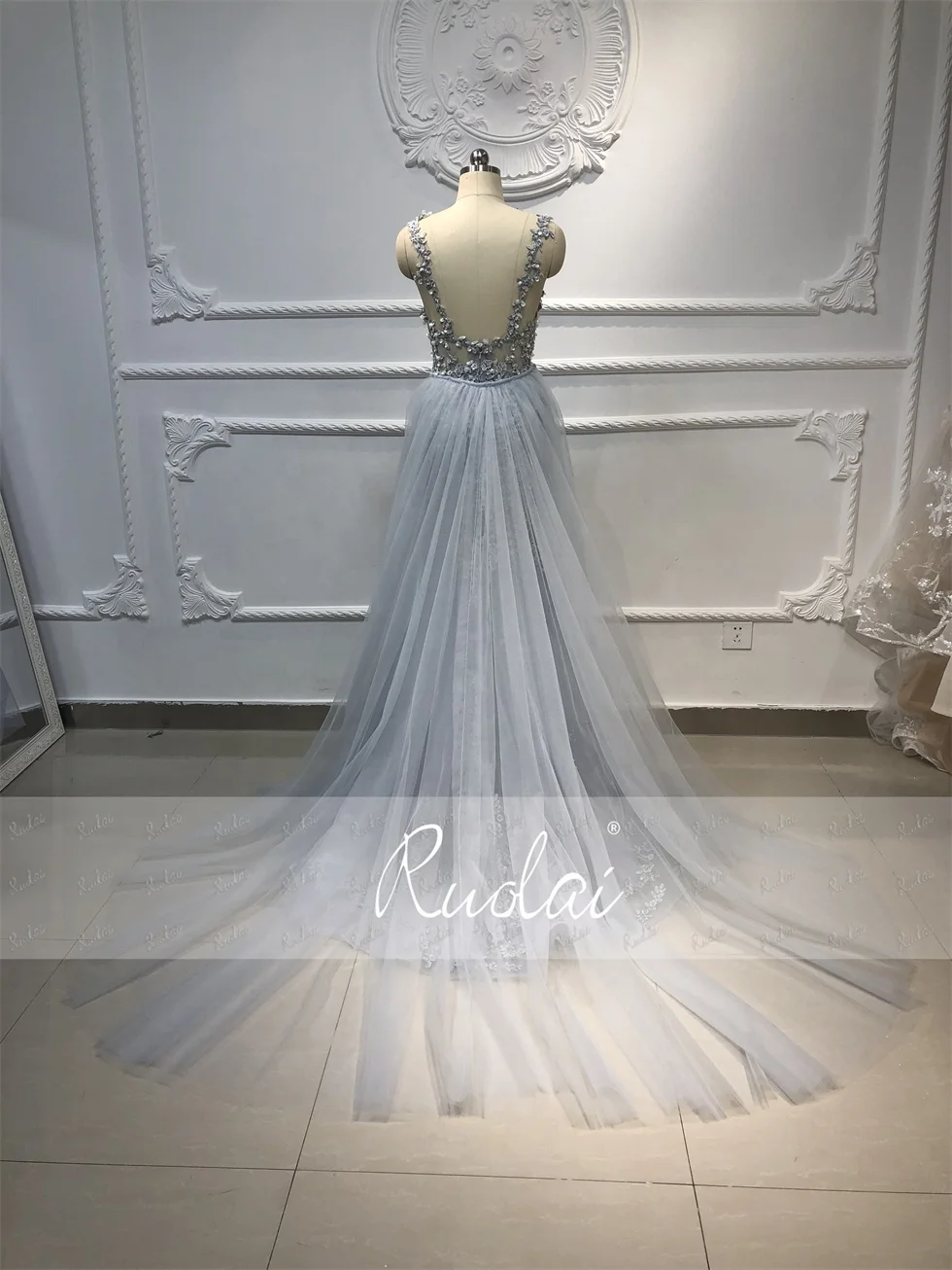 Ruolai LWC6658 Tulle Detachable Train Mermaid 3D Flowers Backless Beaded Mermaid Lace Evening Dresses