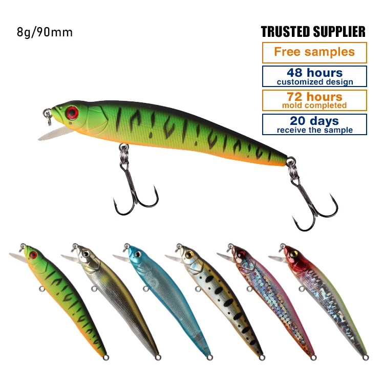 High quality 90mm8g sea fishing boat fishing bait OEM ODM custom packaged fishing bait for bass floating minnow bait