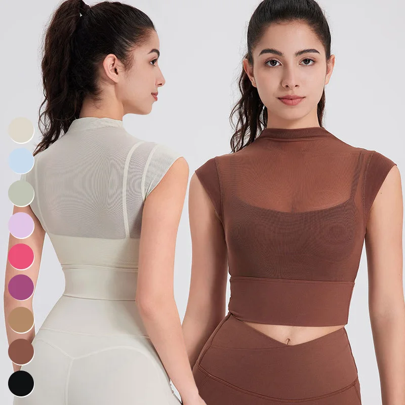 Quick Dry Running Workout T-shirt Sexy Mesh Woman Clothing Short Sleeve Fitness Shirt Yoga Crop Top For Women With Fixed Padded