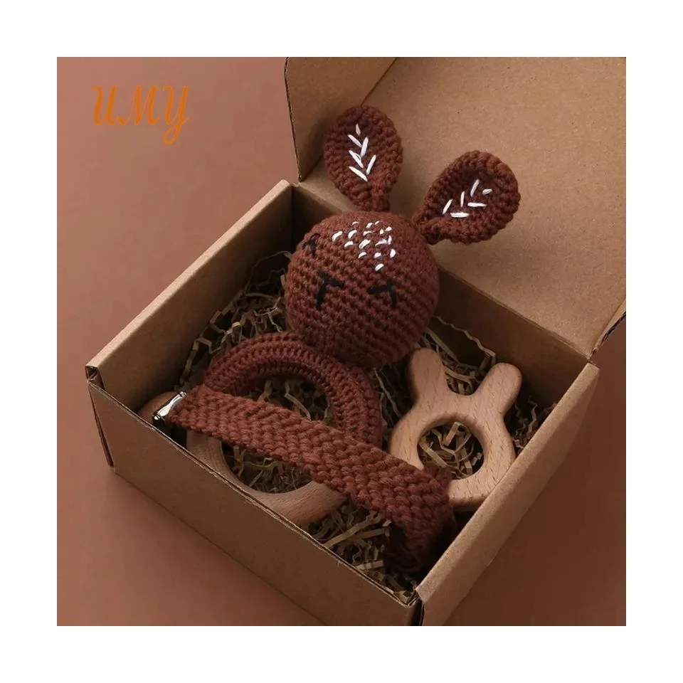 Baby Yarn Crochet 100% Cotton Beech Wood Ring Wooden Bunny Crochet Baby Toy