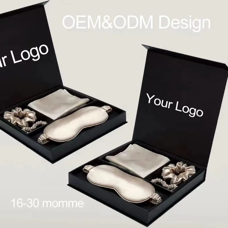 free tag embroidery logo big scrunchie silk eye mask silk pillow case 100% pure mulberry silk pillowcase box set