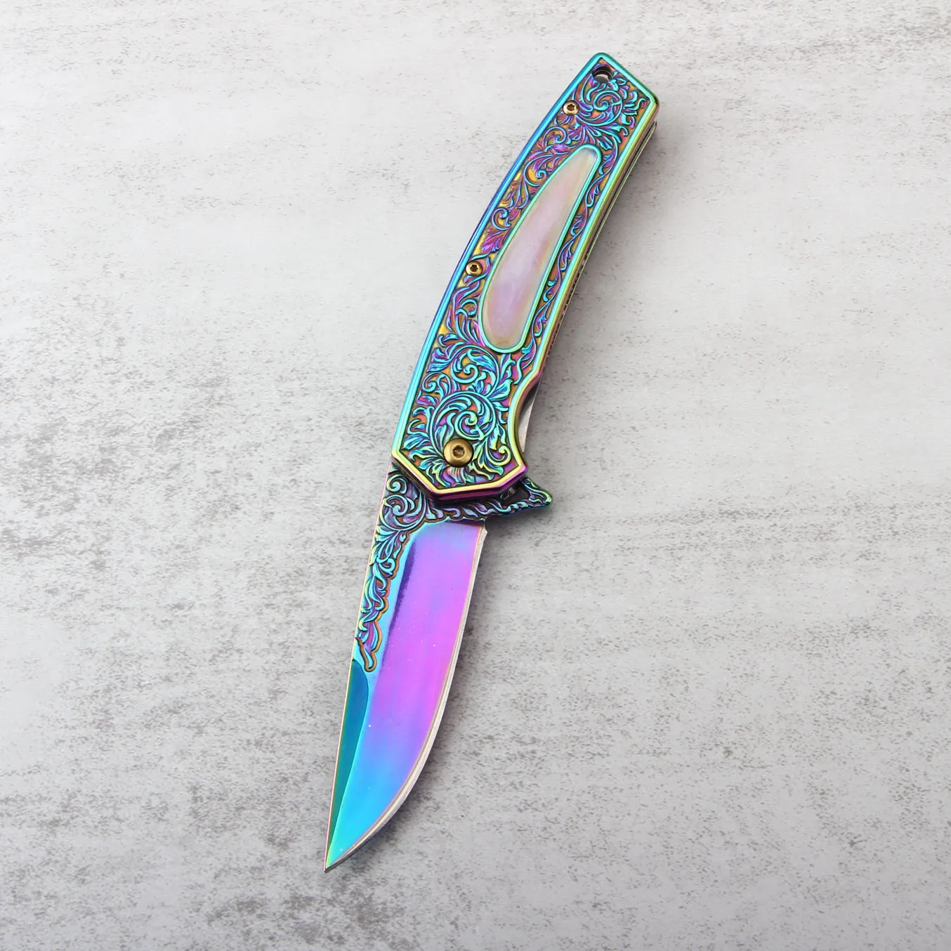 2021 Hot Sale Beautiful Engraved Rainbow Titanium Coated Assisted Opening Camping Pocket Folding Knife