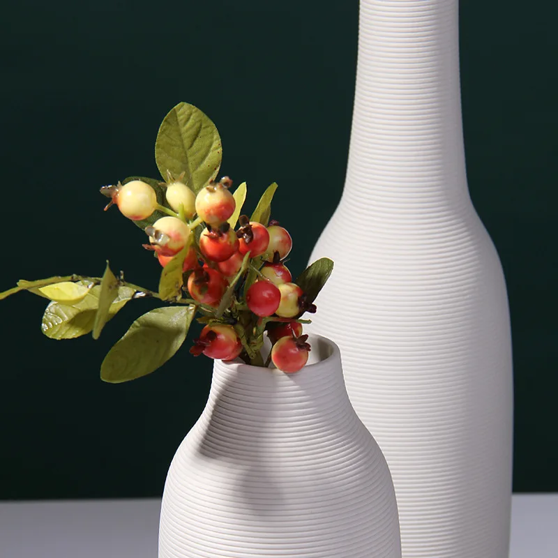 Simple Nordic style pure white screw thread plain fired ceramic vase dry flower arranger household soft decoration