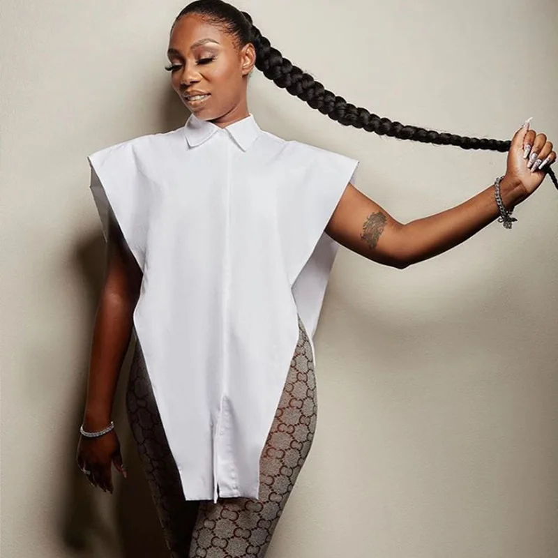 
Top Cut Out Side Button Up Sexy Shirt Women Fashion Sleeveless Plus Size Oversized Shirts 