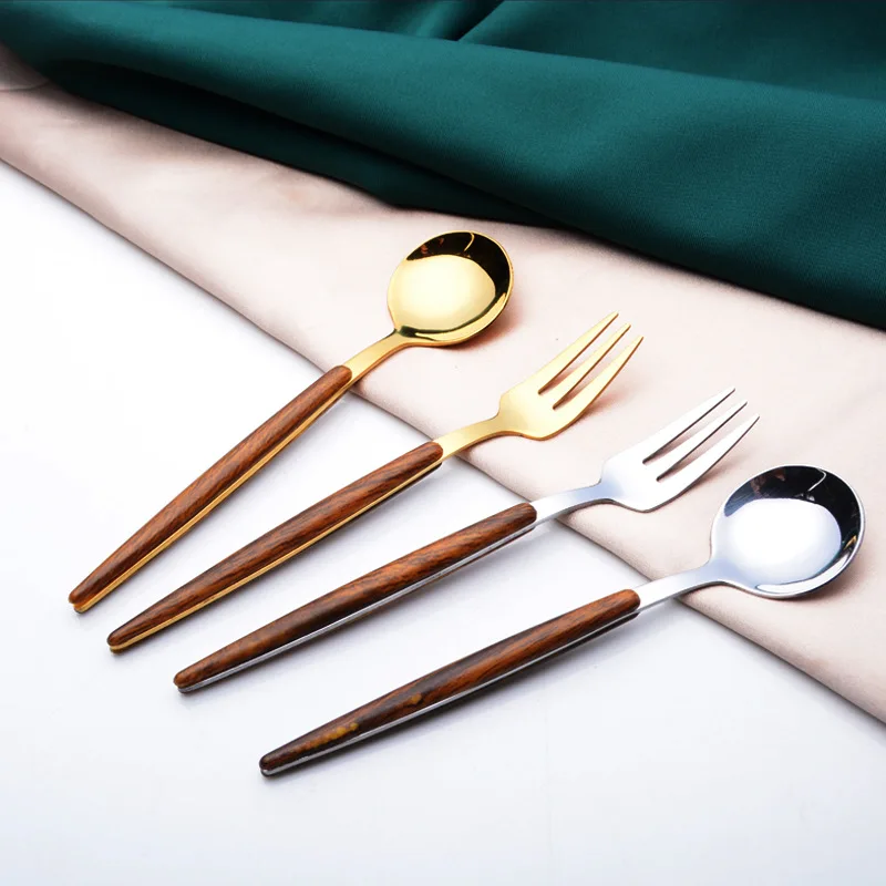 Stainless Steel Round Spoon  Wooden Handle Fork Spoon Fruit Fork Stirring Spoon Tableware