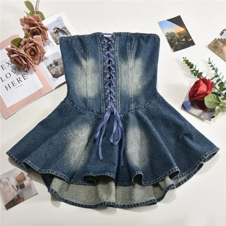 Women Strapless Denim Bodycon Lady Up Ruffles Mini Dress 2024 Summer Street Night Club Dresses