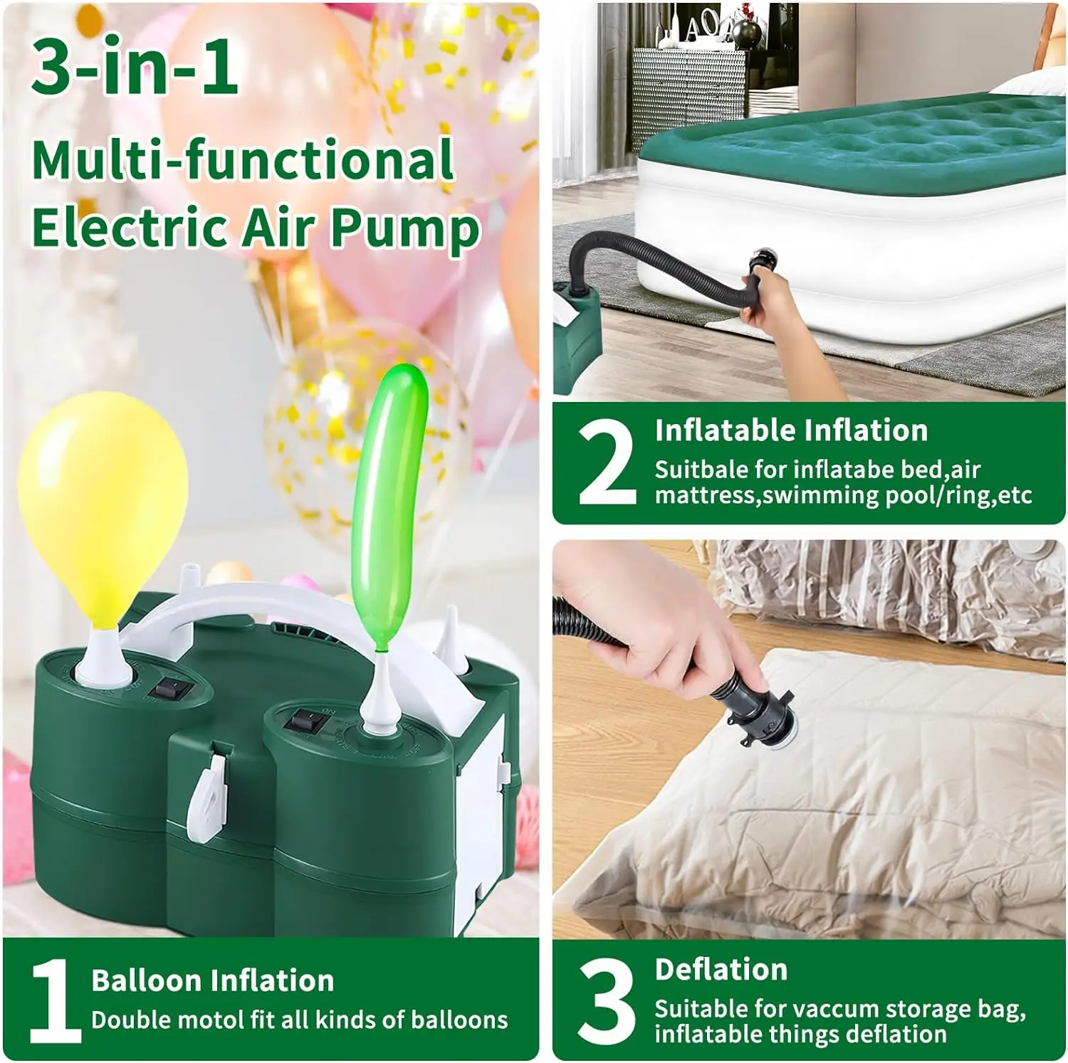 Customizable Multifunctional Party Supplies Dual Nozzle Balloon Blower Electric Pump Garland Arch Kit 100V 600W Air Inflator