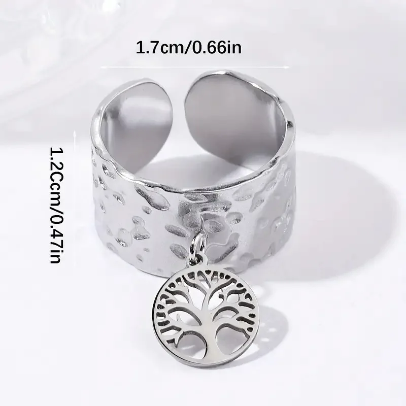 Custom 18K Gold Plated Life Tree Infinite Mobius Charm Finger Rings Stainless Steel Hammer Wide Open Ring Jewelry OEM/ODM