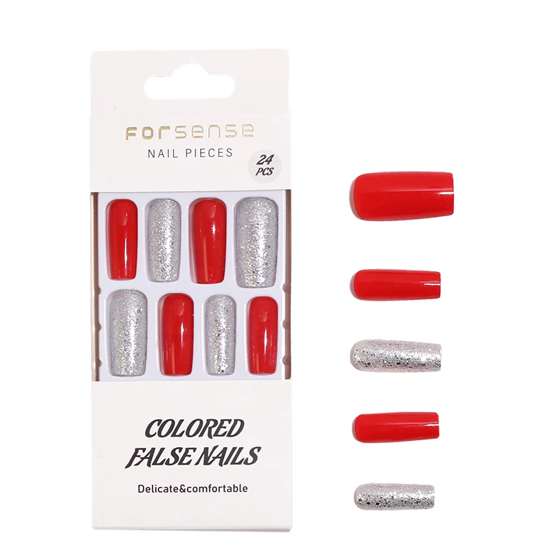 high quality designer red square fake nails extra long luxury press on nails glitter custom logo artifical false nails wholesale