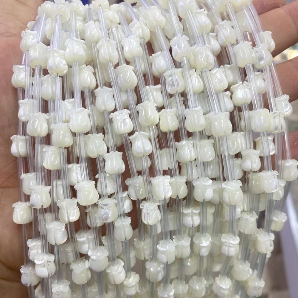 Wholesale White Mother Of Pearl Shell Carved Beads, 7x9mm Tulip Shape Trochus Seashell Beads For Jewelry Making