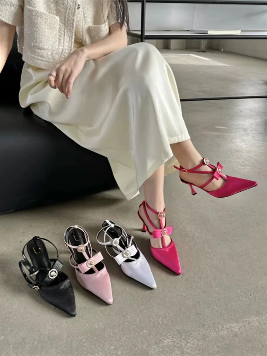 Elegant white satin leather wedding shoes, high-quality customized ankle pearl high heels, bride wedding shoes