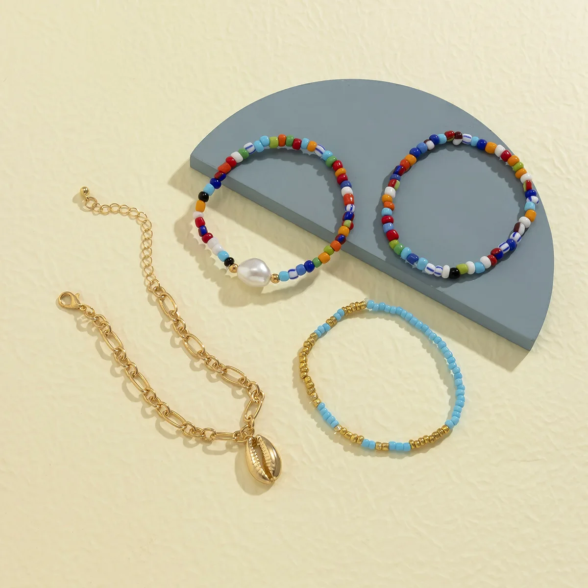 Dropshipping Designer Charms Woven Bracelet Women Rainbow Seed Bead Pearl Gold Shell Dangle Bracelet Set