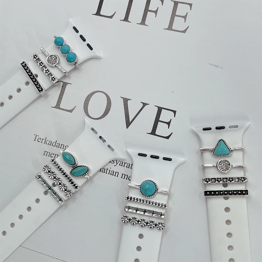 2022 New Design Turquoise Gemstone with Diamond Decorative Ring Silicone Watch Band Charm For Apple Watch Band Charms