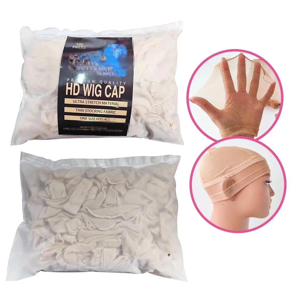 Laijiwan Custom Logo  Super Thin  Cheap HD Wig Cap 100pcs in 1 bag Invisible Stretchy Stocking Wig Cap For Making Wigs