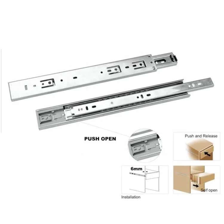 45mm push open full extension ball bearing telescopic channel drawer slides for kitchen cabinet
