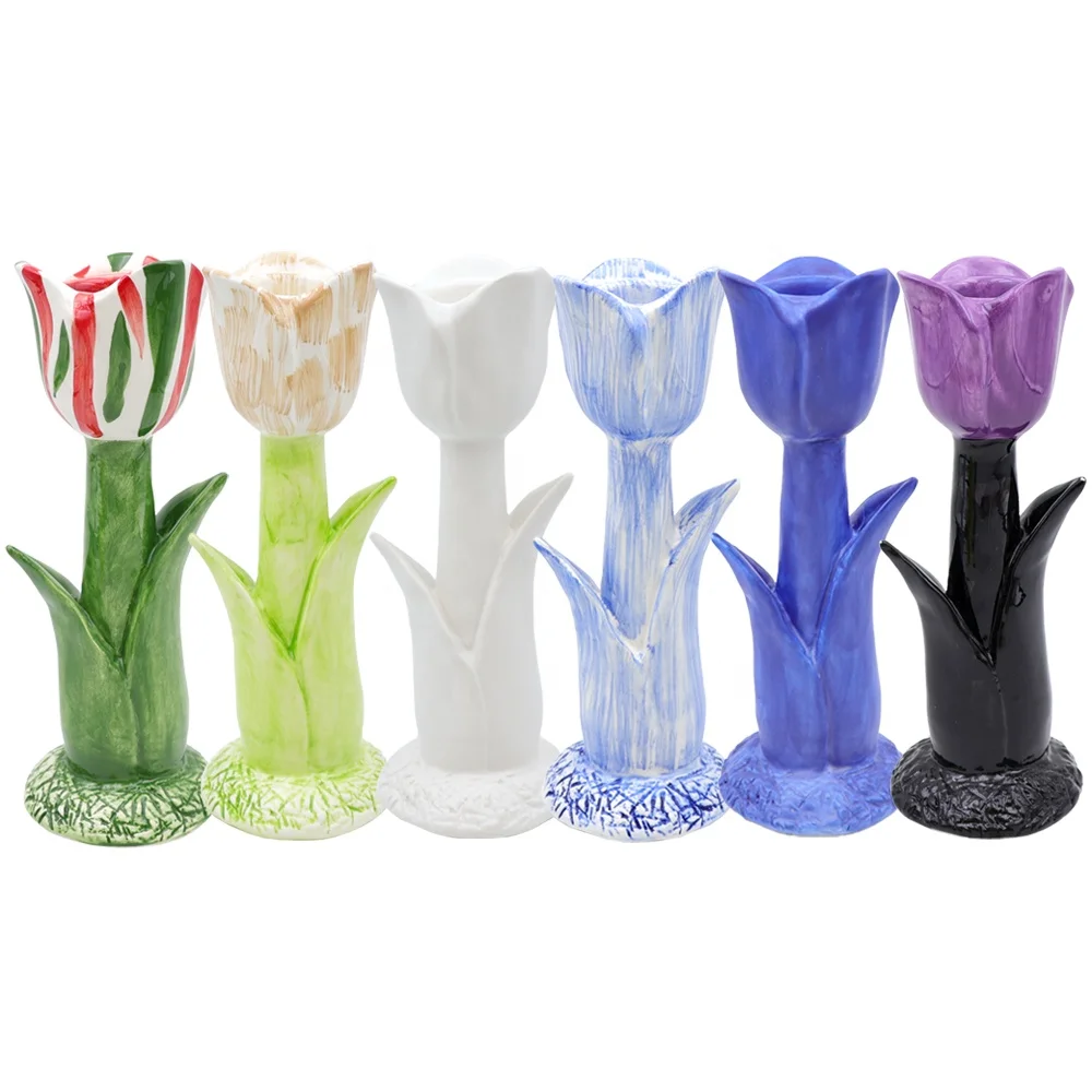Custom wholesale high-end handmade colorful matter glazed ceramic tulip taper candle stand ceramic floral candlestick holder