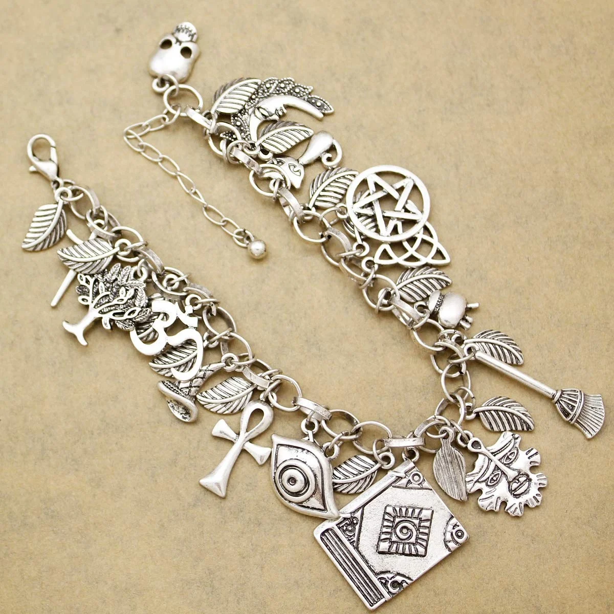 Vintage Multi Charms Cuff Bangle Bracelet Mythology Fairytale Lucky Cross Leaf Moon Face Celtic Cat Book