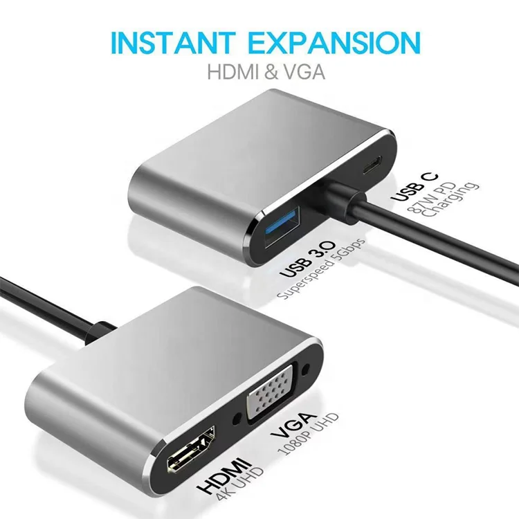 USB C HUB 4 in 1 aluminum material faster data transfer USB C to Type-C+HDTV+VGA+USB 3.0 adapter 4 pots adapt