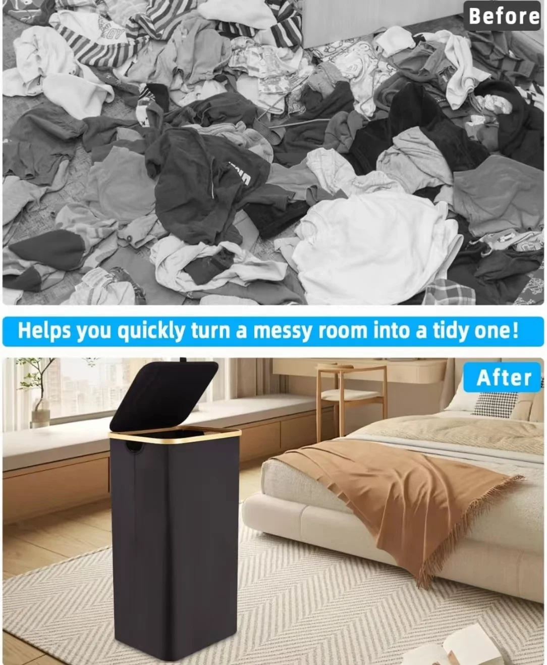 Large 100-Liter Foldable Laundry Basket with Bamboo Handle and Detachable Bag for Bedroom Storage and Washing