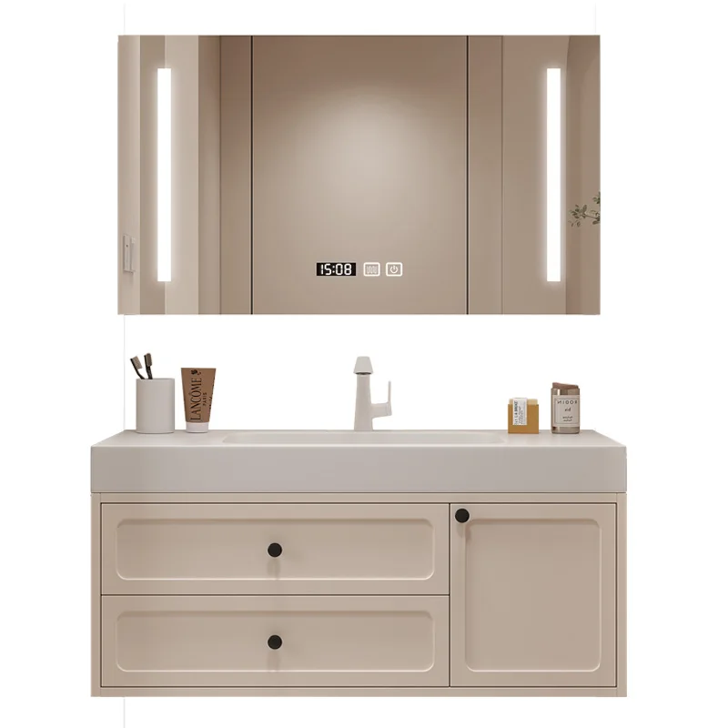 Индивидуальный Американский дизайн модный шкаф для ванной комнаты кремового цвета со встроенной керамической раковиной и медицинским шкафом