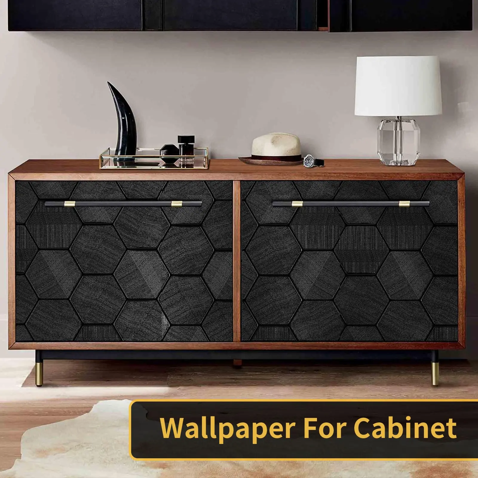 Hexagon Geometric Embossed Contact Paper Black Textured Wall paper for Cabinet Bedroom