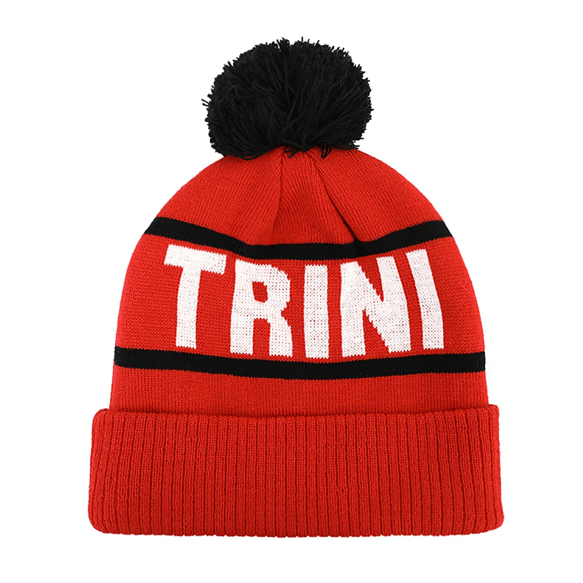 Promotional Custom Logo Embroidery Patch Jacquard Acrylic Knitted Mixed colors  Pom Pom Beanies Hat with top ball and Brim Cuff