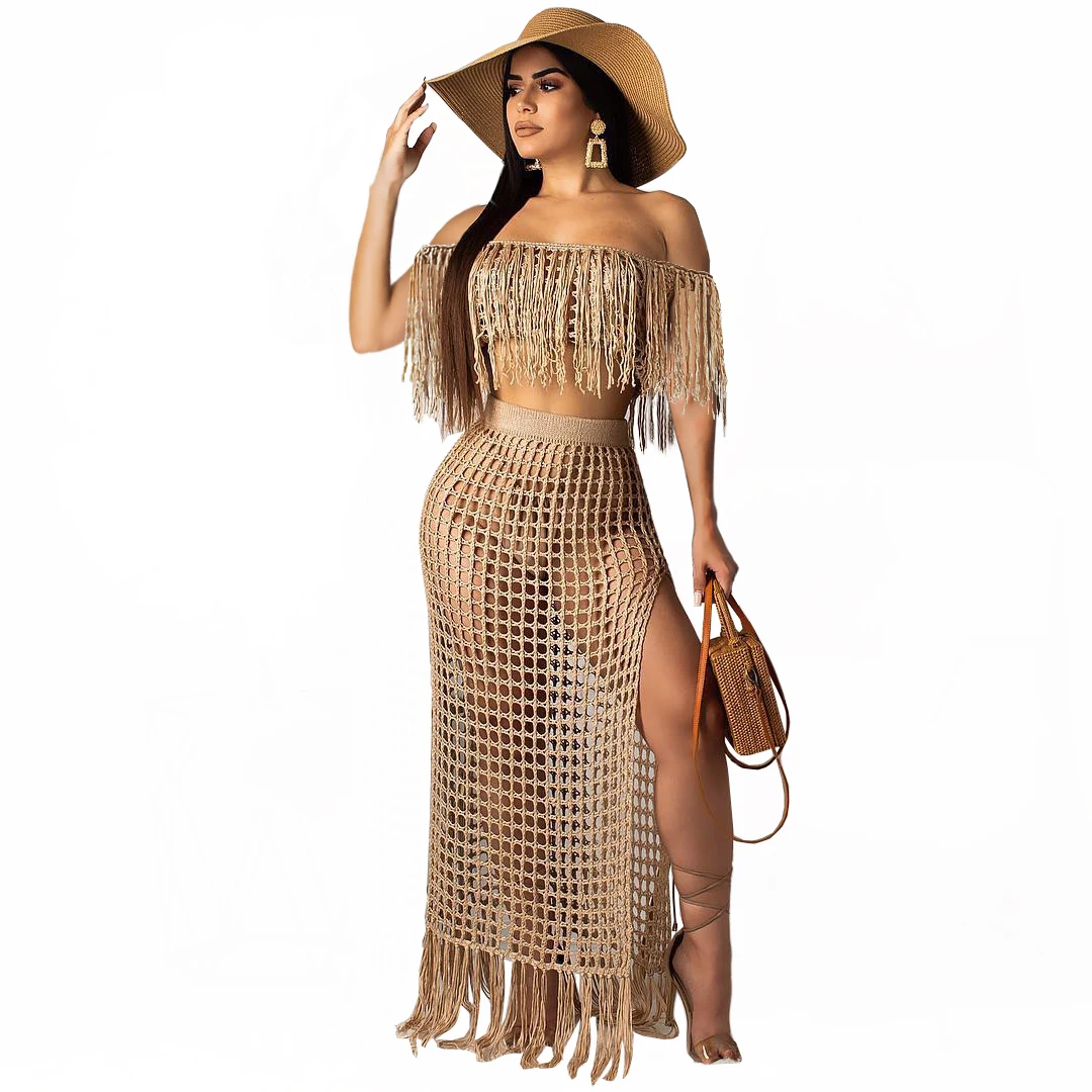 2020 women hot sale off-shoulder cutout dress sexy ladies high split knitted beach dress