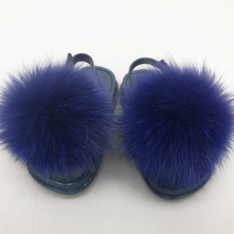 
Detachable big fluffy pom ball fox fur slides for toddlers kids with strap 