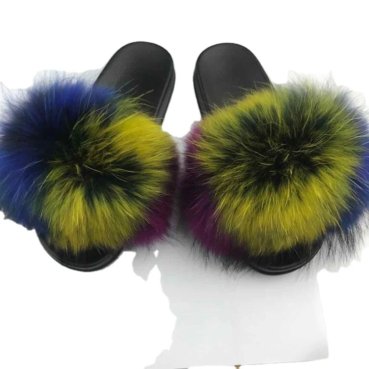 
Wholesale 1 pair custom logo furry slippers fluffy raccoon fur slipper real fox fur slippers 