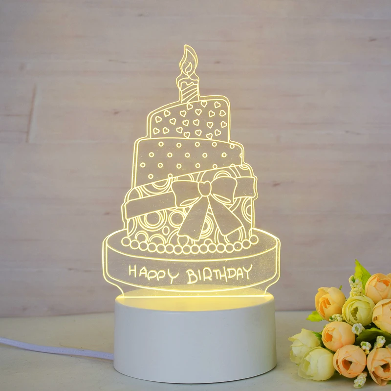 3D Illusion Night Lights LED Happy Birthday Night Lights 7-colors Adjustable Birthday Cake Table Lamp Bedroom Acrylic USB Cable