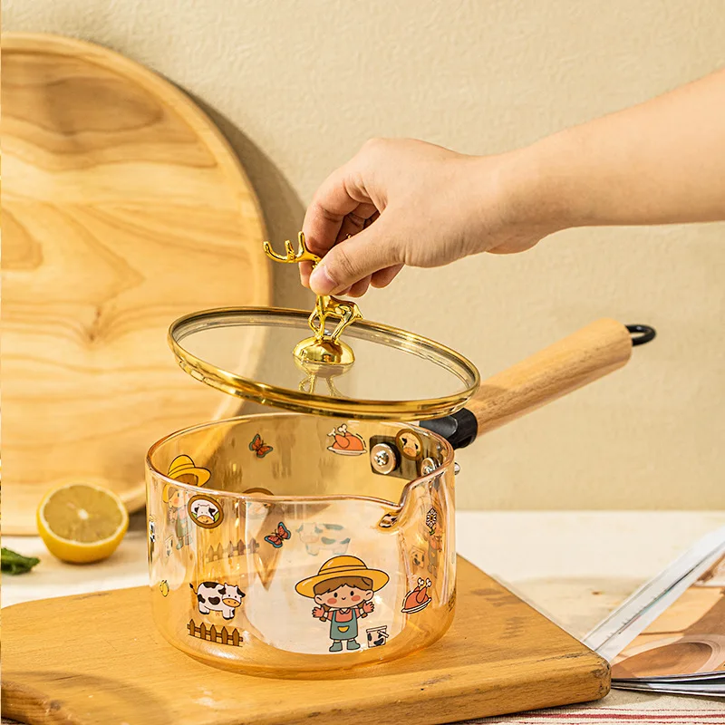 Amber printed deer head glass pot High Borosilicate heat-resistant instant noodles pots glass cookware set cooking pots
