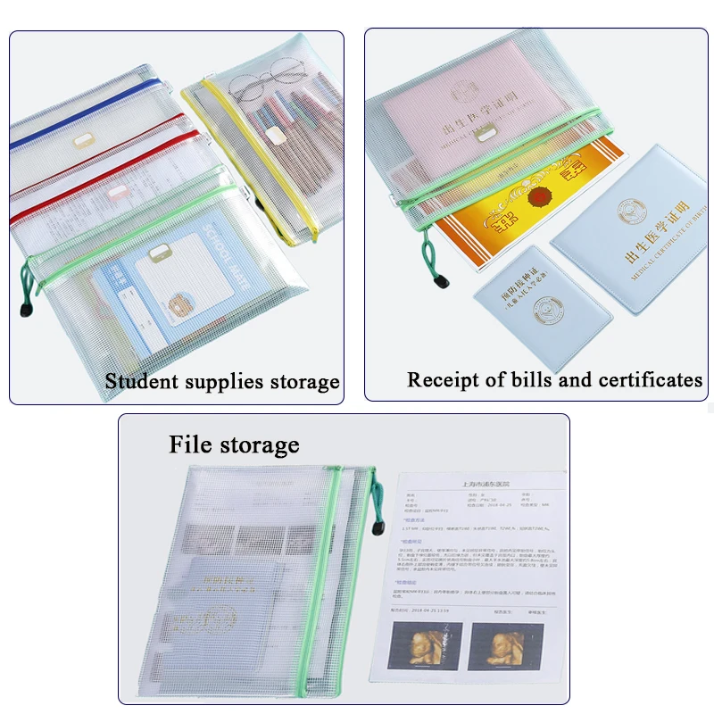 PVC waterproof transparent zipper file bag  double layer mesh zipper document bag Custom logo