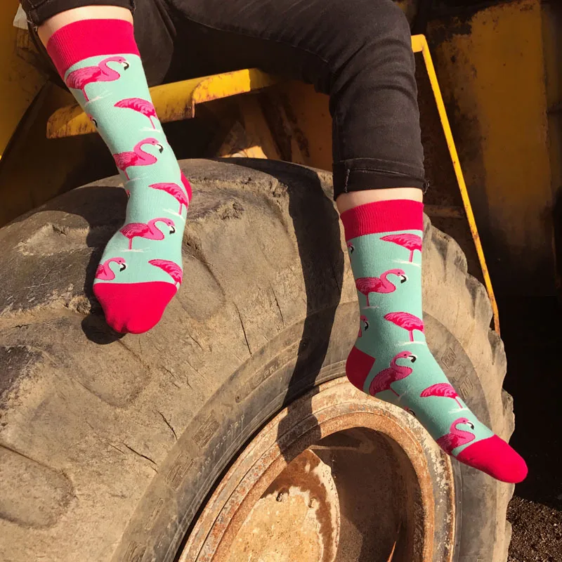 Custom fashion design Flamingo cactus pattern cotton crew socks men happy socks