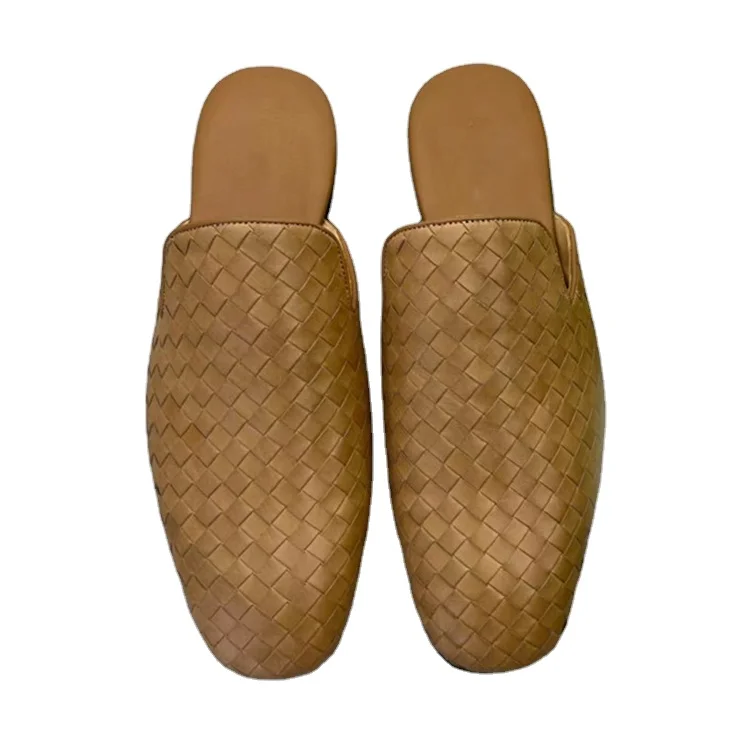 Handmade Mens Flat Leather Woven Chittai Mat Mules Shoes Weave Round Roe Fashion Slippers for Men Moccasin Shoes