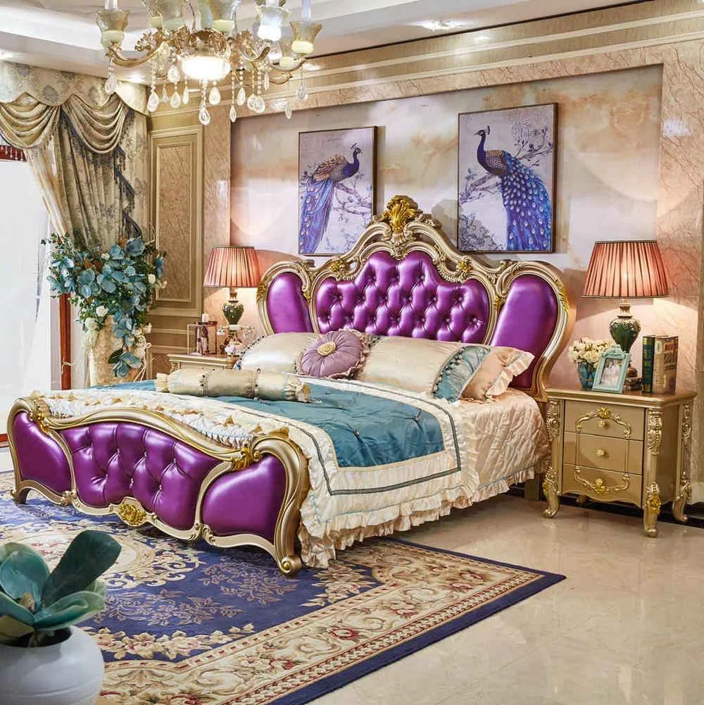Luxury Champagne Gold Carved French Royal Leather King Size Bedroom Set Solid Wood Bedframe for Home or Apartment Furniture