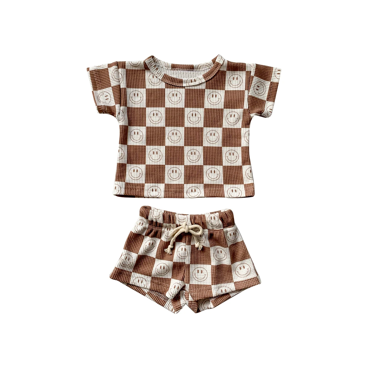 Trending waffle cotton short sleeve smile pattern fashion baby clothing sets for summer