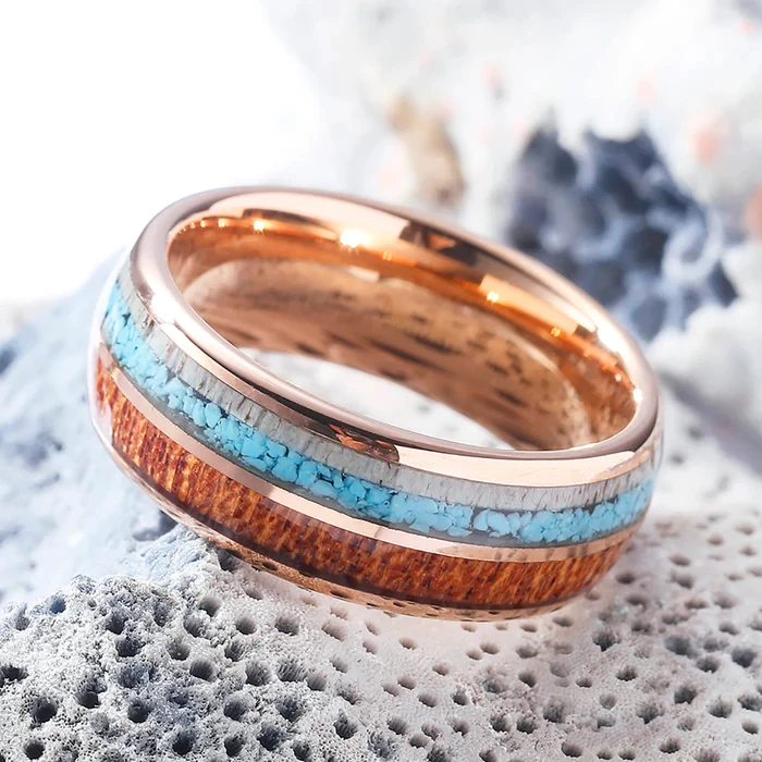 Ouyuan Jewelry Wholesale 8mm Tungsten Ring Men Women Fashion Engagement Wedding Band Antlers Turquoise Koa Wood Inlay