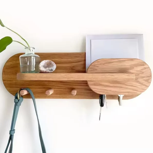 Customization Wooden Entryway Organizer Key Holder Wall Mount Coat Rack Mail Organizer wood key storage shelf and holder