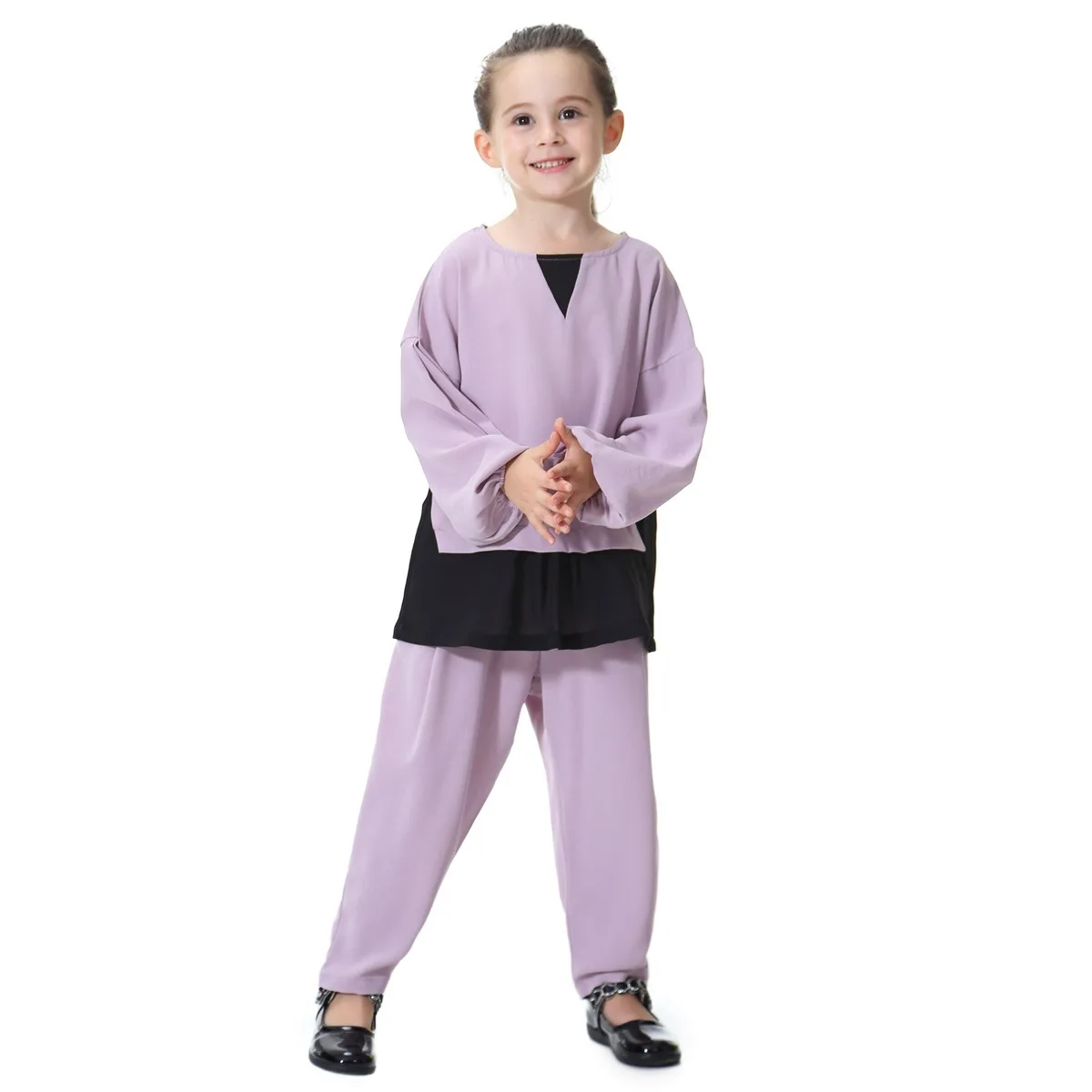C0025 Turkey Style Modest Suit Muslim Children Kids Set 2 PCS Long Sleeve Arab Little Girls Long Shirt And Pants Sets