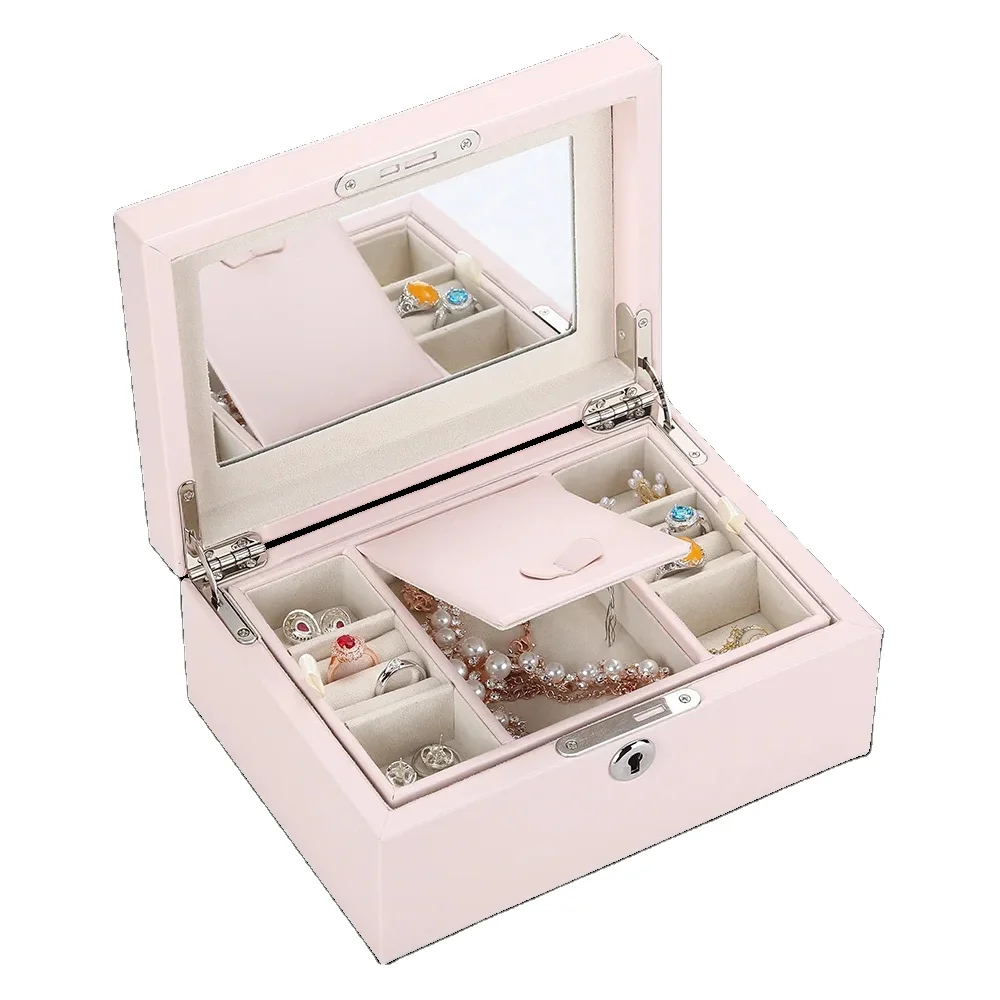 High-End Large Capacity Microfiber Jewelry Box Custom logo Ring Earrings Jewelry Storage Box with Mirror Jewellery Box Packing