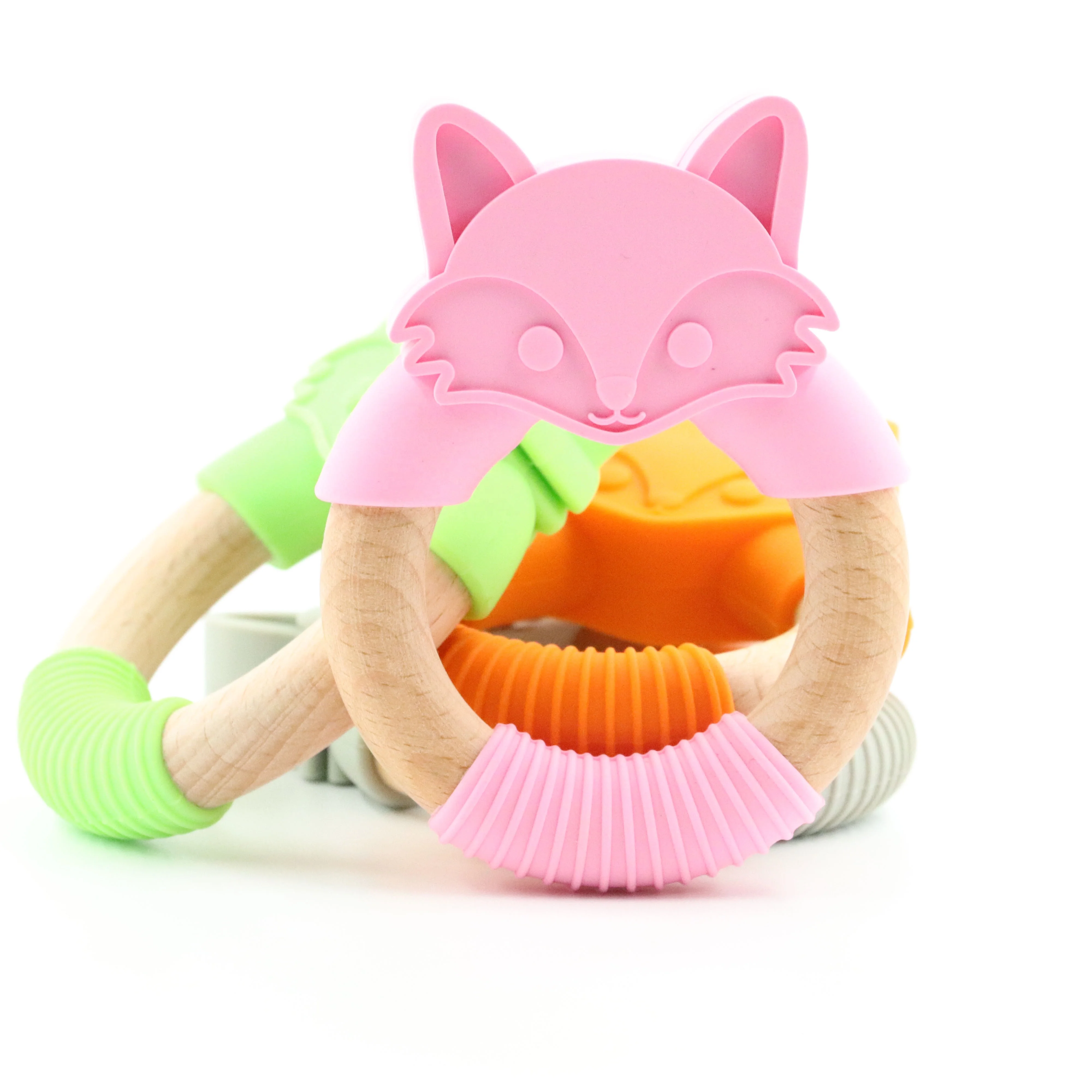 Bpa Free Silicone Chew Toy Baby Teething Ring Fox Silicone Wooden Baby Teether