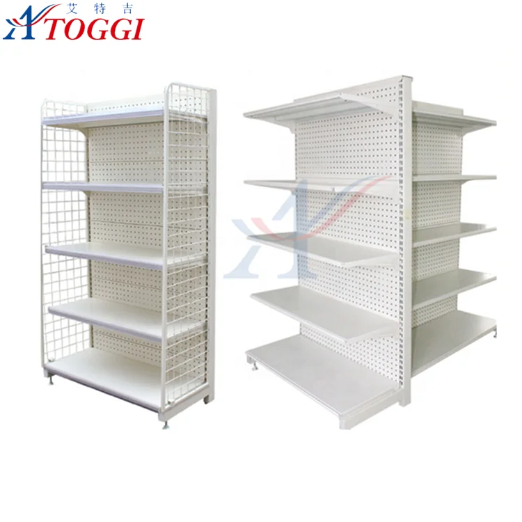 metallic supermarket food display shelf