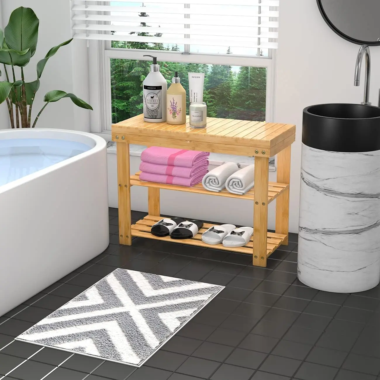 Modern Bamboo Wood Bench with Shoe Rack and Storage Shelf Indoor-Outdoor Entryway Organizer for Living Room Small Space Use