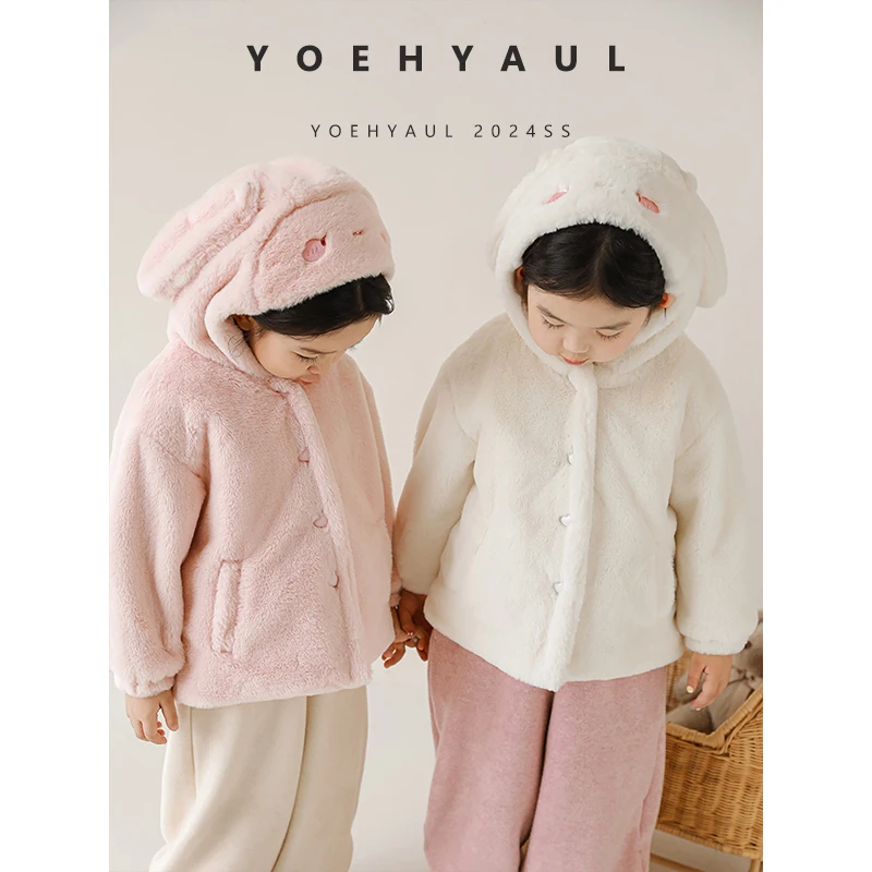 YOEHYAUL D3720 Good Quality Hooded Cute Children Outwear Winter Plush Furry Toddler Girl Kids Fleece Jacket