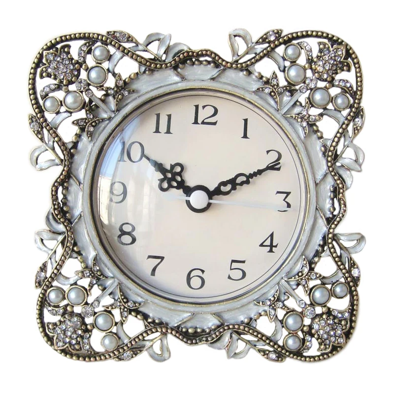 Antique Brass White Beaded Square Metal Zinc Alloy Framed Desk Clock