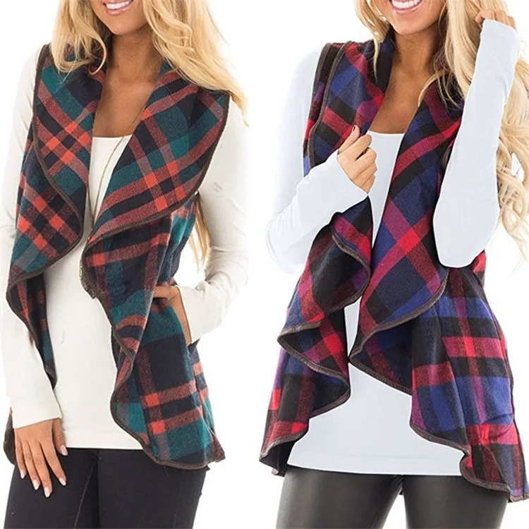 Wholesale Fashion Women Outwear Waterfall Asymmetrical Hem buffalo Long Plaid Vest Coat