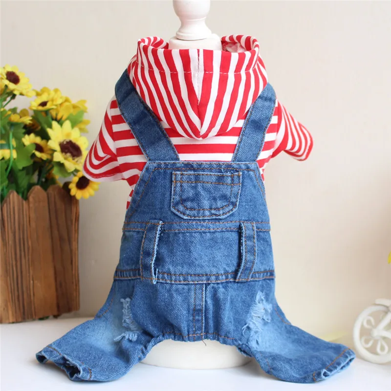Pet Dog Cat Clothes Blue Striped Jeans Jumpsuits One-Piece Jacket Costumes Apparel Hooded Hoodie Coats for Small Puppy Medium Do