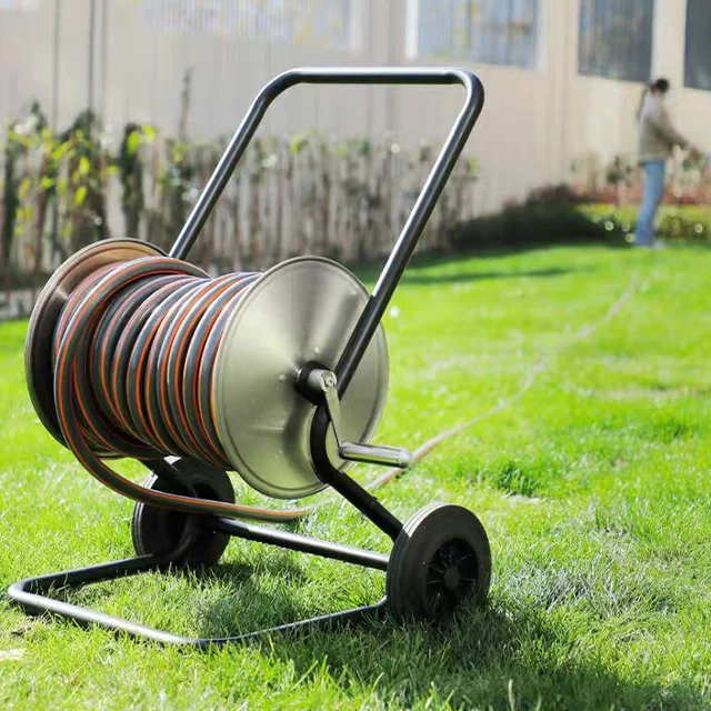 100m Large Size Capacity Stainless Steel Garden Hose Reel Cart Hose Pipe Holder Storage Carrier